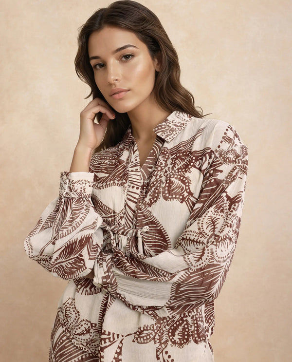Rareism Women Ron-T Beige 100% Polyester Fabric Bishop Sleeves Collared Neck Relaxed Fit Floral Print Top