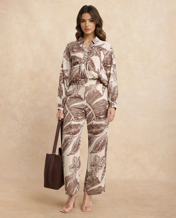 Rareism Women Ron-T Beige 100% Polyester Fabric Bishop Sleeves Collared Neck Relaxed Fit Floral Print Top