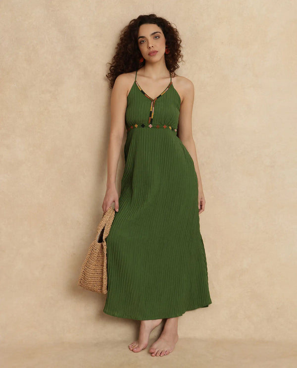 Rareism Women Ronad Green Polyester Blend Fabric Sleeveless V-Neck A-Line Maxi Plain Dress