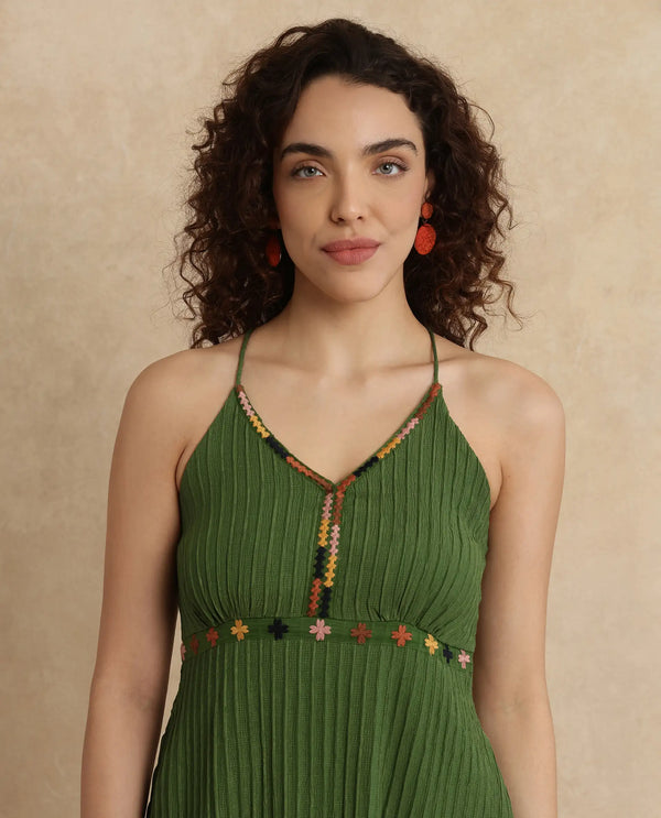 Rareism Women Ronad Green Polyester Blend Fabric Sleeveless V-Neck A-Line Maxi Plain Dress