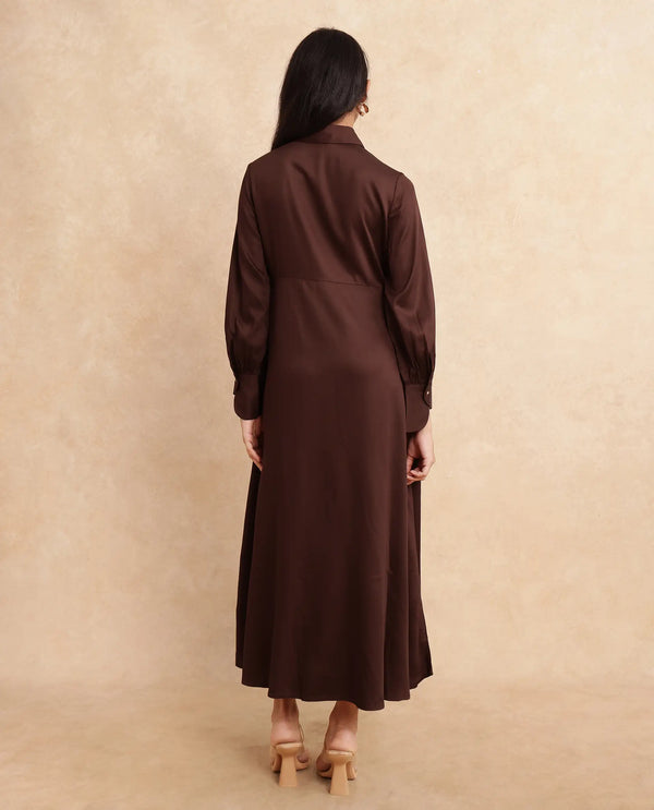 Rareism Women Ronae Brown 100% Viscose Fabric Kimono Sleeve Collared Neck Flared Midi Plain Dress