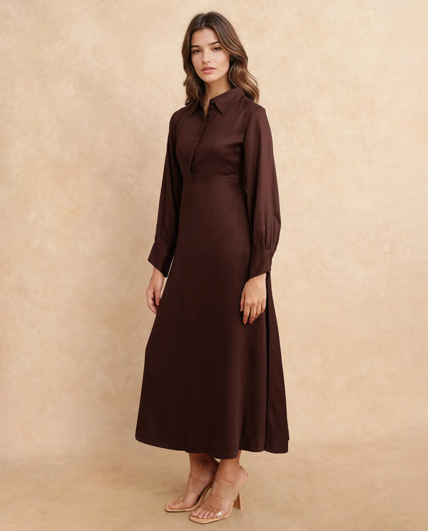 Rareism Women Ronae Brown 100% Viscose Fabric Kimono Sleeve Collared Neck Flared Midi Plain Dress
