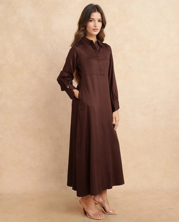 Rareism Women Ronae Brown 100% Viscose Fabric Kimono Sleeve Collared Neck Flared Midi Plain Dress
