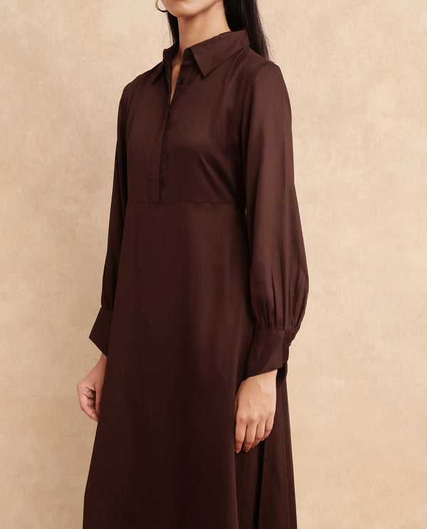 Rareism Women Ronae Brown 100% Viscose Fabric Kimono Sleeve Collared Neck Flared Midi Plain Dress