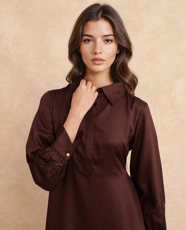 Rareism Women Ronae Brown 100% Viscose Fabric Kimono Sleeve Collared Neck Flared Midi Plain Dress