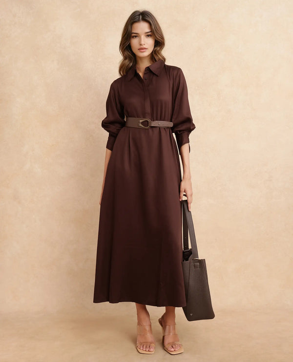 Rareism Women Ronae Brown 100% Viscose Fabric Kimono Sleeve Collared Neck Flared Midi Plain Dress