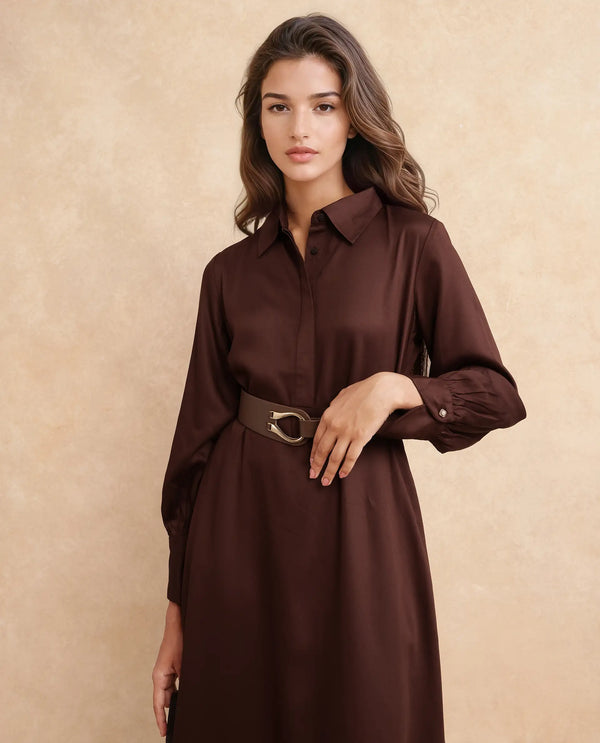 Rareism Women Ronae Brown 100% Viscose Fabric Kimono Sleeve Collared Neck Flared Midi Plain Dress