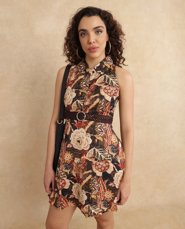 Rareism Women Ronaf Brown Cotton Fabric Sleeveless Collared Neck Flared Maxi Abstract Print Dress