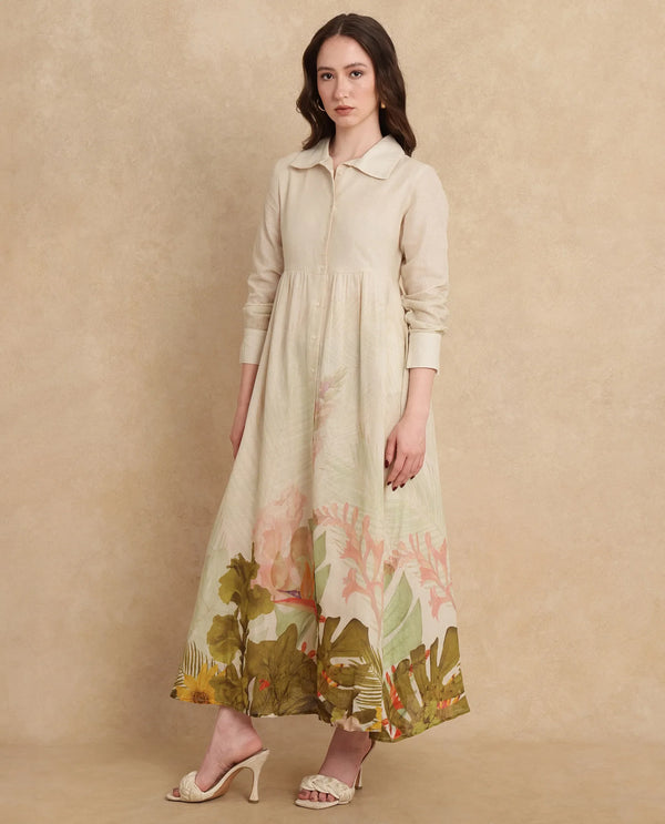 Rareism Women's Ronai Off White Cotton Fabric Collared Neck Button Closure Cuffed Sleeve Tropical Print Flared Maxi Dress