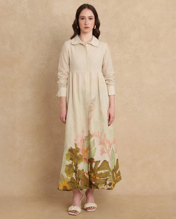 Rareism Women's Ronai Off White Cotton Fabric Collared Neck Button Closure Cuffed Sleeve Tropical Print Flared Maxi Dress
