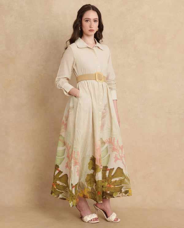 Rareism Women's Ronai Off White Cotton Fabric Collared Neck Button Closure Cuffed Sleeve Tropical Print Flared Maxi Dress