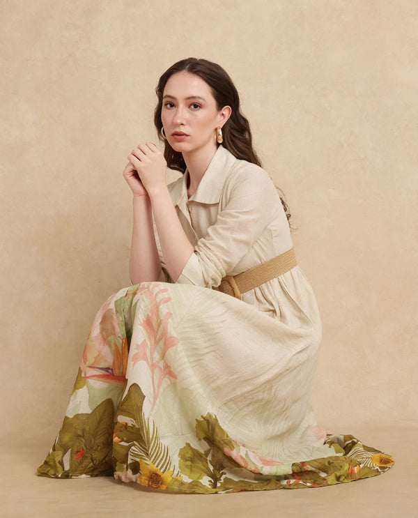 Rareism Women's Ronai Off White Cotton Fabric Collared Neck Button Closure Cuffed Sleeve Tropical Print Flared Maxi Dress