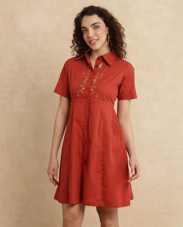 Rareism Women's Ronaj Rust Cotton Blend Fabric Collared Neck Button Closure Half Sleeve Plain Fit And Flare Knee Length Dress