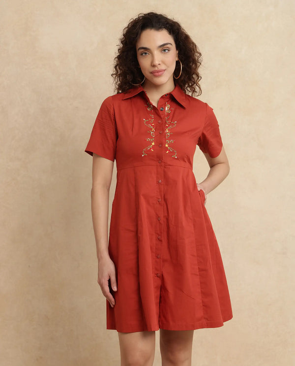 Rareism Women's Ronaj Rust Cotton Blend Fabric Collared Neck Button Closure Half Sleeve Plain Fit And Flare Knee Length Dress