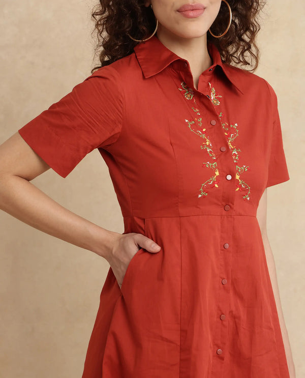 Rareism Women's Ronaj Rust Cotton Blend Fabric Collared Neck Button Closure Half Sleeve Plain Fit And Flare Knee Length Dress