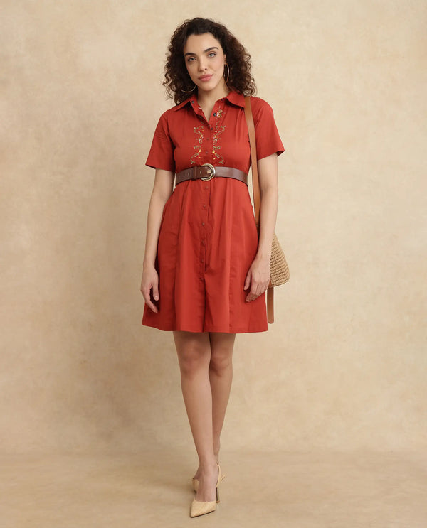 Rareism Women's Ronaj Rust Cotton Blend Fabric Collared Neck Button Closure Half Sleeve Plain Fit And Flare Knee Length Dress