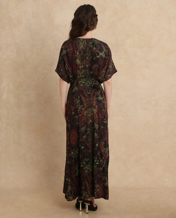 Rareism Women's Ronam Dark Multi Viscose Fabric Round Neck Button Closure Kimono Sleeve Paisley Print Flared Maxi Dress
