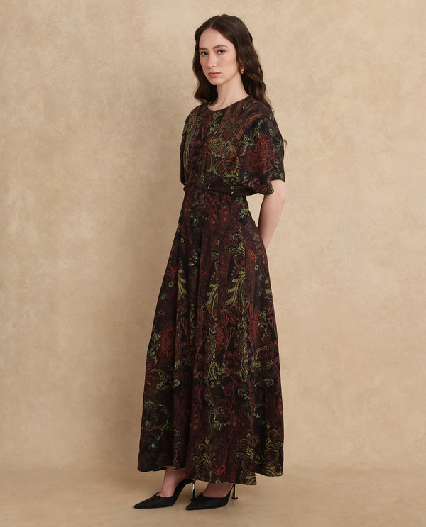 Rareism Women's Ronam Dark Multi Viscose Fabric Round Neck Button Closure Kimono Sleeve Paisley Print Flared Maxi Dress
