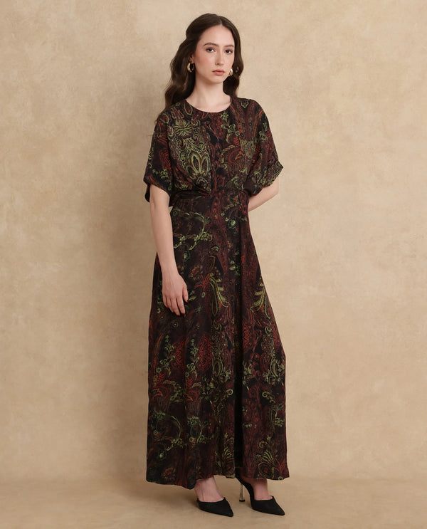 Rareism Women's Ronam Dark Multi Viscose Fabric Round Neck Button Closure Kimono Sleeve Paisley Print Flared Maxi Dress