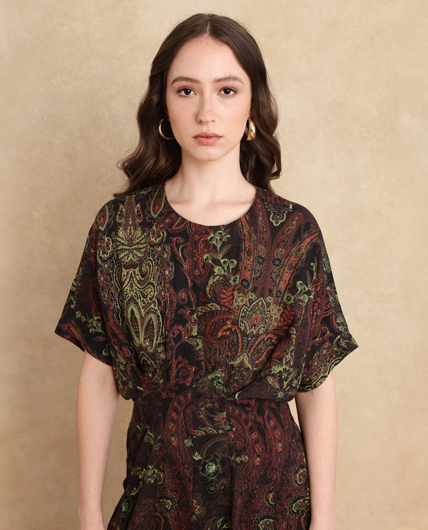 Rareism Women's Ronam Dark Multi Viscose Fabric Round Neck Button Closure Kimono Sleeve Paisley Print Flared Maxi Dress