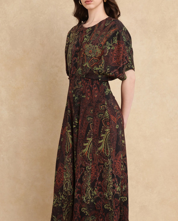 Rareism Women's Ronam Dark Multi Viscose Fabric Round Neck Button Closure Kimono Sleeve Paisley Print Flared Maxi Dress