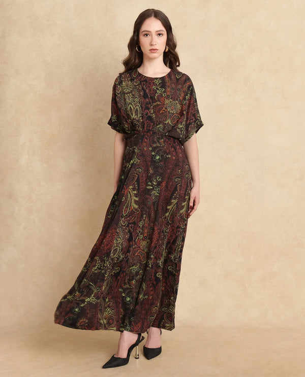 Rareism Women's Ronam Dark Multi Viscose Fabric Round Neck Button Closure Kimono Sleeve Paisley Print Flared Maxi Dress