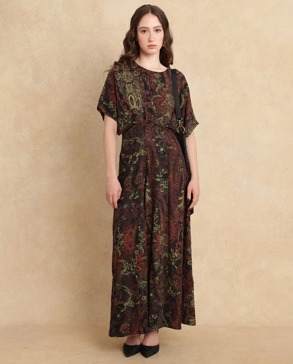 Rareism Women's Ronam Dark Multi Viscose Fabric Round Neck Button Closure Kimono Sleeve Paisley Print Flared Maxi Dress