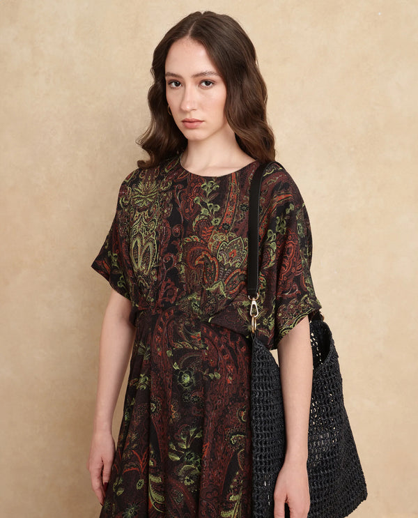 Rareism Women's Ronam Dark Multi Viscose Fabric Round Neck Button Closure Kimono Sleeve Paisley Print Flared Maxi Dress
