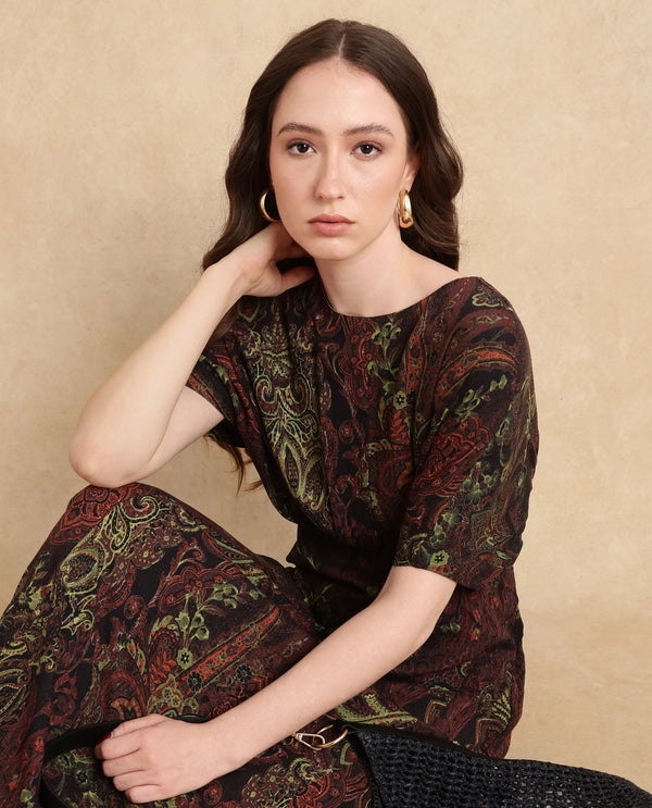 Rareism Women's Ronam Dark Multi Viscose Fabric Round Neck Button Closure Kimono Sleeve Paisley Print Flared Maxi Dress