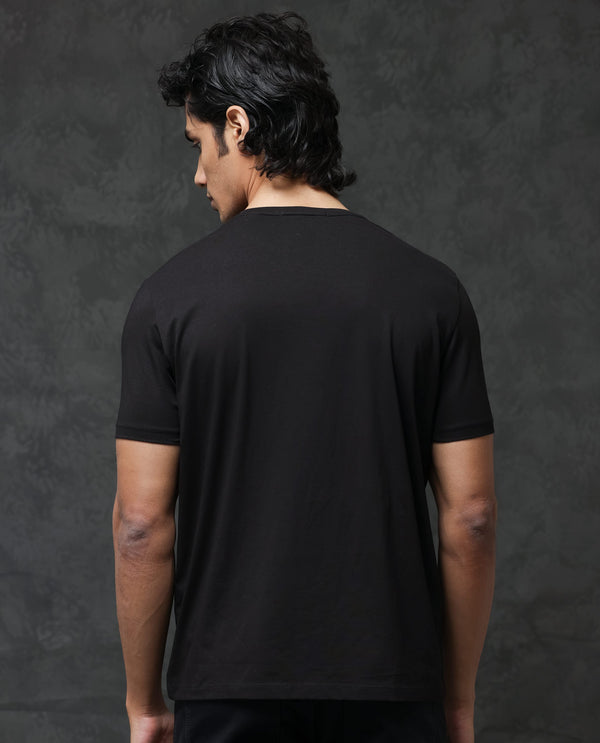 Rare Rabbit Men's Ronan Black Cotton Lycra Fabric Half Sleeves Graphic Print T-Shirt