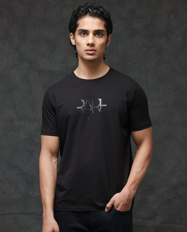 Rare Rabbit Men's Ronan Black Cotton Lycra Fabric Half Sleeves Graphic Print T-Shirt