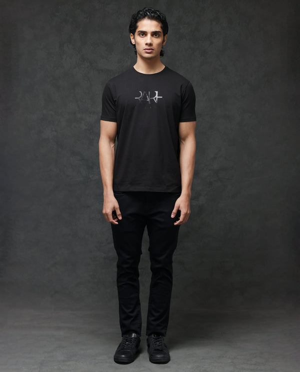 Rare Rabbit Men's Ronan Black Cotton Lycra Fabric Half Sleeves Graphic Print T-Shirt