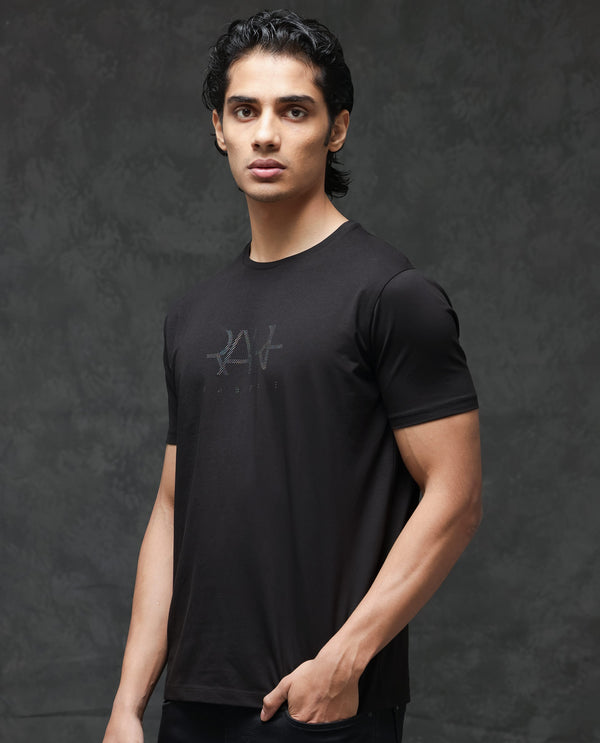 Rare Rabbit Men's Ronan Black Cotton Lycra Fabric Half Sleeves Graphic Print T-Shirt
