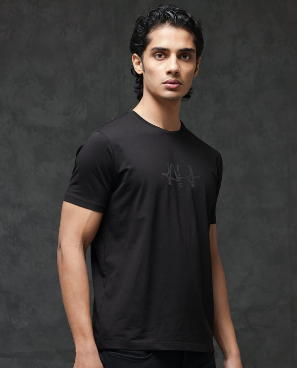 Rare Rabbit Men's Ronan Black Cotton Lycra Fabric Half Sleeves Graphic Print T-Shirt