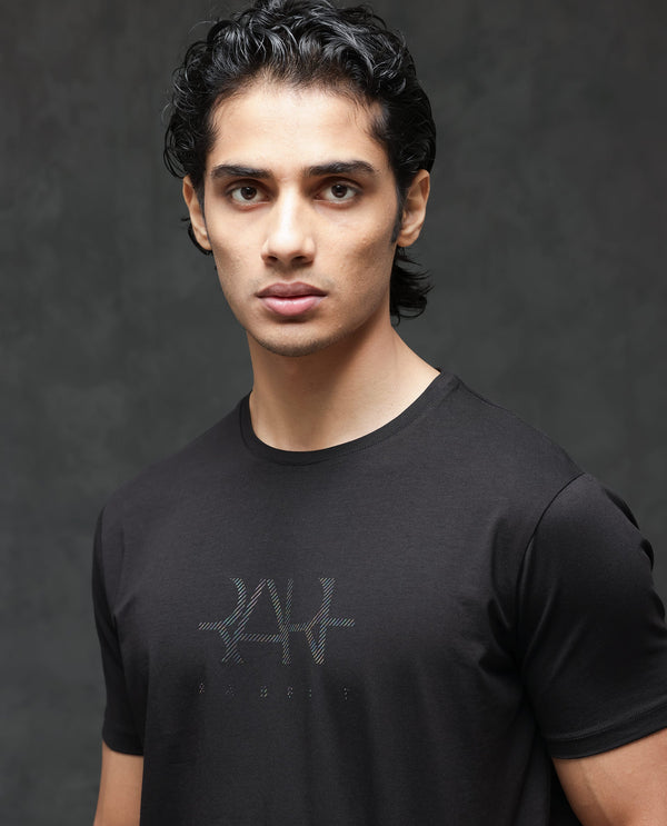 Rare Rabbit Men's Ronan Black Cotton Lycra Fabric Half Sleeves Graphic Print T-Shirt
