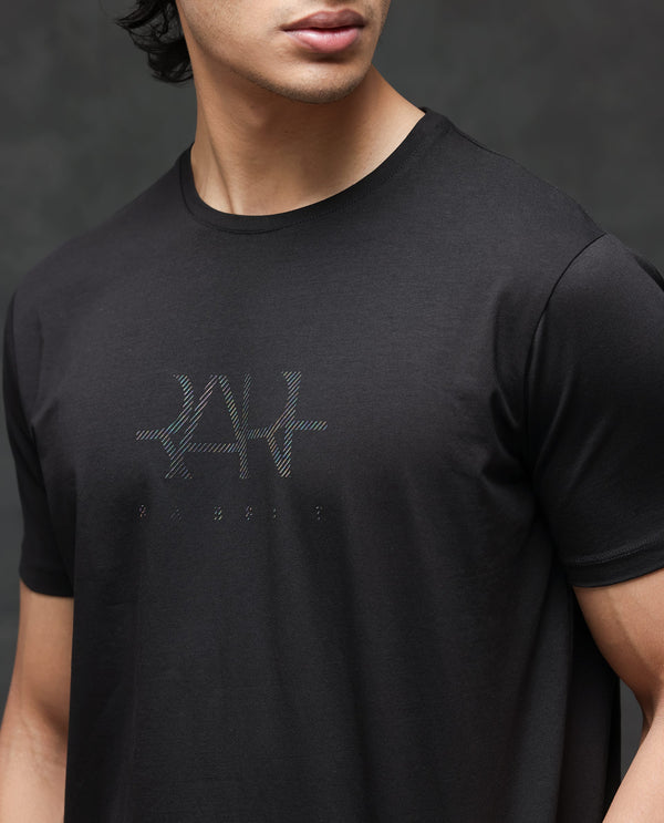 Rare Rabbit Men's Ronan Black Cotton Lycra Fabric Half Sleeves Graphic Print T-Shirt