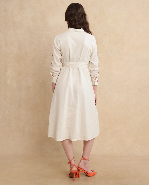 Rareism Women Ronaq Off White Cotton Fabric Cuffed Sleeve Collared Neck A-Line Midi Plain Dress