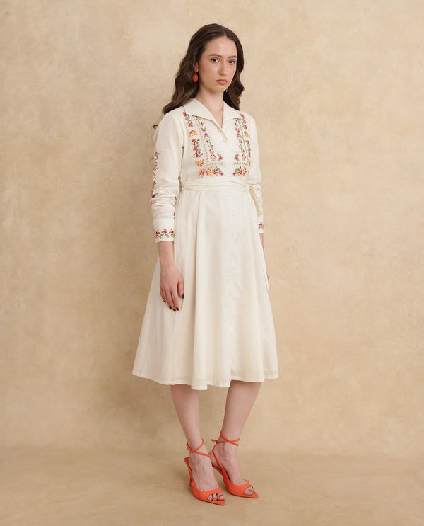Rareism Women Ronaq Off White Cotton Fabric Cuffed Sleeve Collared Neck A-Line Midi Plain Dress