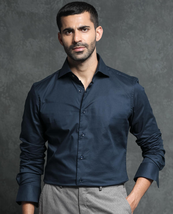 Rare Rabbit Men's Ronas Navy Cotton Fabric Full Sleeves Solid Shirt