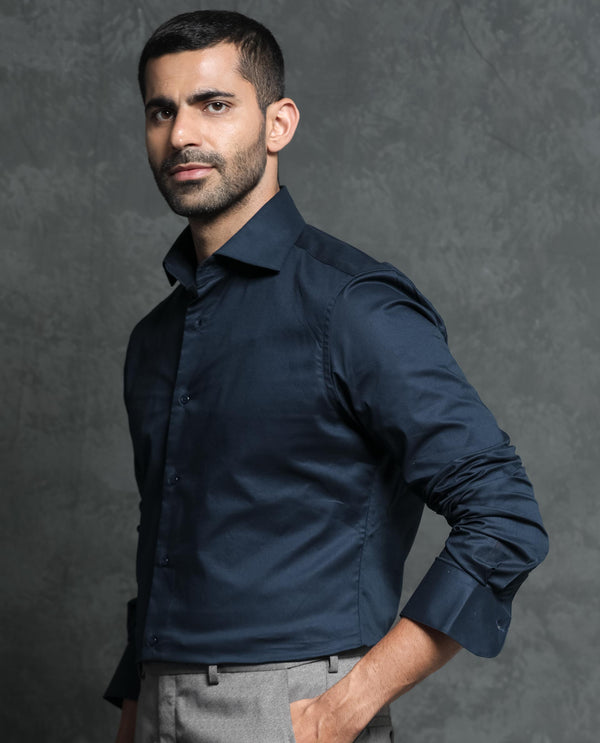 Rare Rabbit Men's Ronas Navy Cotton Fabric Full Sleeves Solid Shirt
