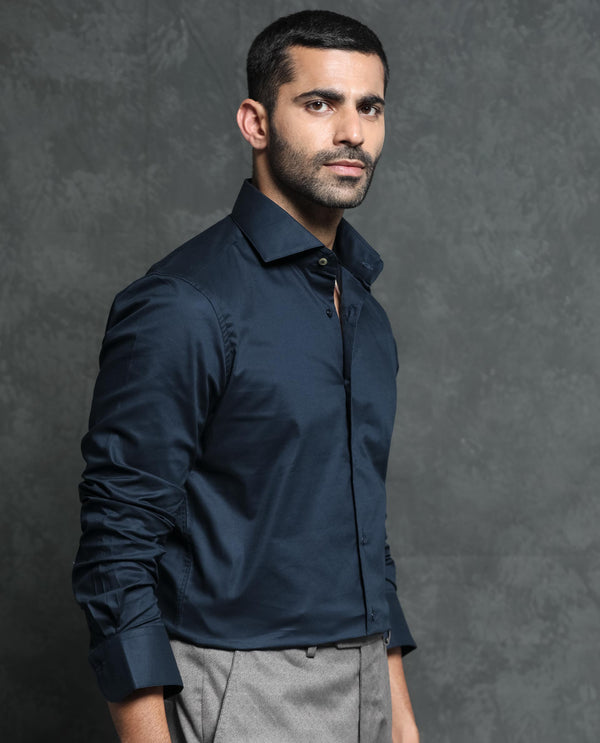 Rare Rabbit Men's Ronas Navy Cotton Fabric Full Sleeves Solid Shirt