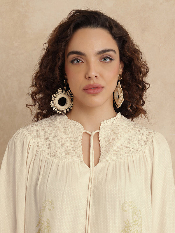 Rareism Women Ronavi-T Beige 100% Viscose Fabric Raglan Sleeve Ruffled Neck Relaxed Fit Paisley Print Top