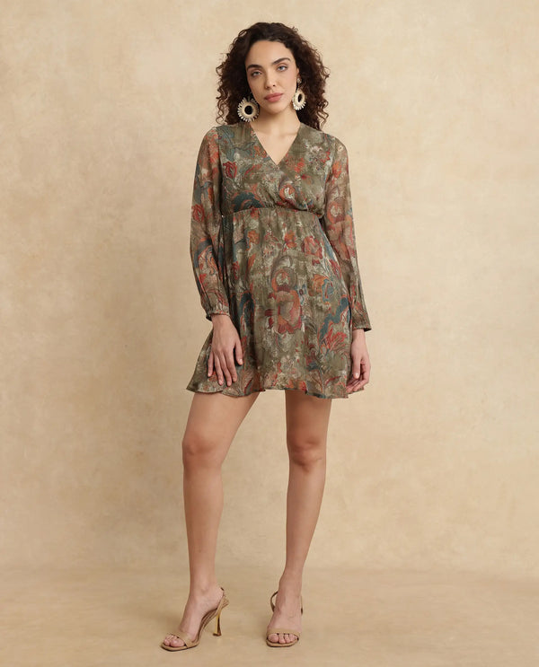 Rareism Women's Ronax Green Polyester Fabric V-Neck Slip-On Closure Bishop Sleeve Floral Print Fit And Flare Mini Dress
