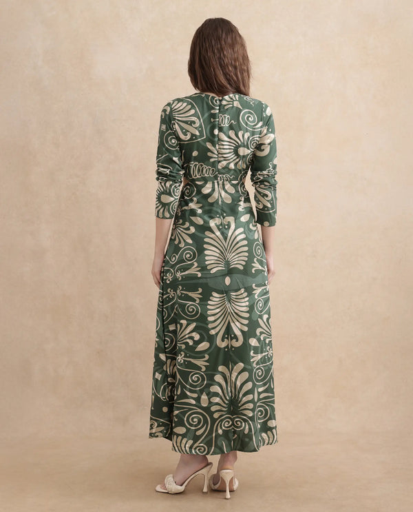 Rareism Women's Ronaz Green Viscose Fabric Round Neck Button Closure Full Sleeve Ornamental Print Fit And Flare Maxi Dress