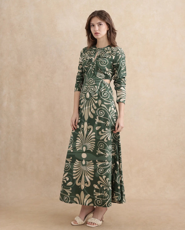 Rareism Women's Ronaz Green Viscose Fabric Round Neck Button Closure Full Sleeve Ornamental Print Fit And Flare Maxi Dress