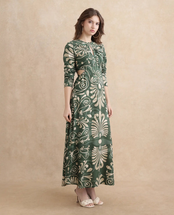 Rareism Women's Ronaz Green Viscose Fabric Round Neck Button Closure Full Sleeve Ornamental Print Fit And Flare Maxi Dress