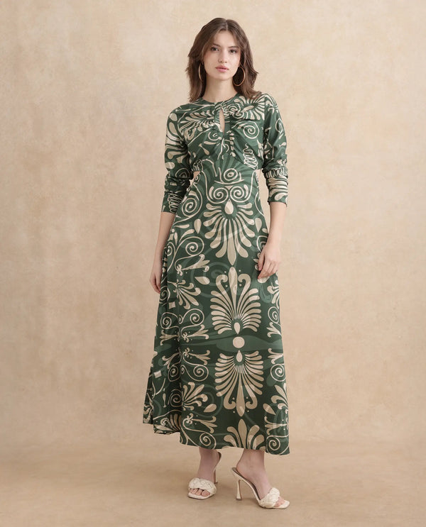 Rareism Women's Ronaz Green Viscose Fabric Round Neck Button Closure Full Sleeve Ornamental Print Fit And Flare Maxi Dress