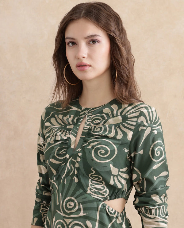 Rareism Women's Ronaz Green Viscose Fabric Round Neck Button Closure Full Sleeve Ornamental Print Fit And Flare Maxi Dress