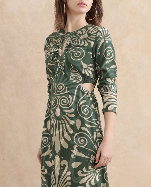 Rareism Women's Ronaz Green Viscose Fabric Round Neck Button Closure Full Sleeve Ornamental Print Fit And Flare Maxi Dress