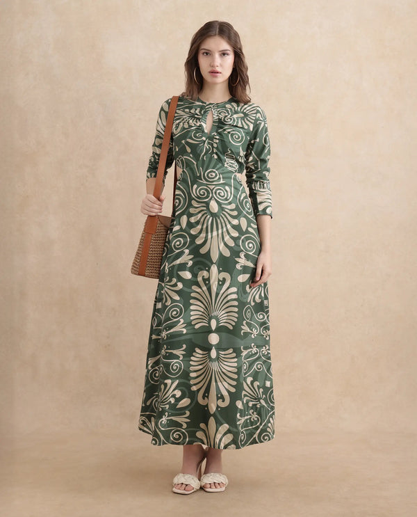 Rareism Women's Ronaz Green Viscose Fabric Round Neck Button Closure Full Sleeve Ornamental Print Fit And Flare Maxi Dress